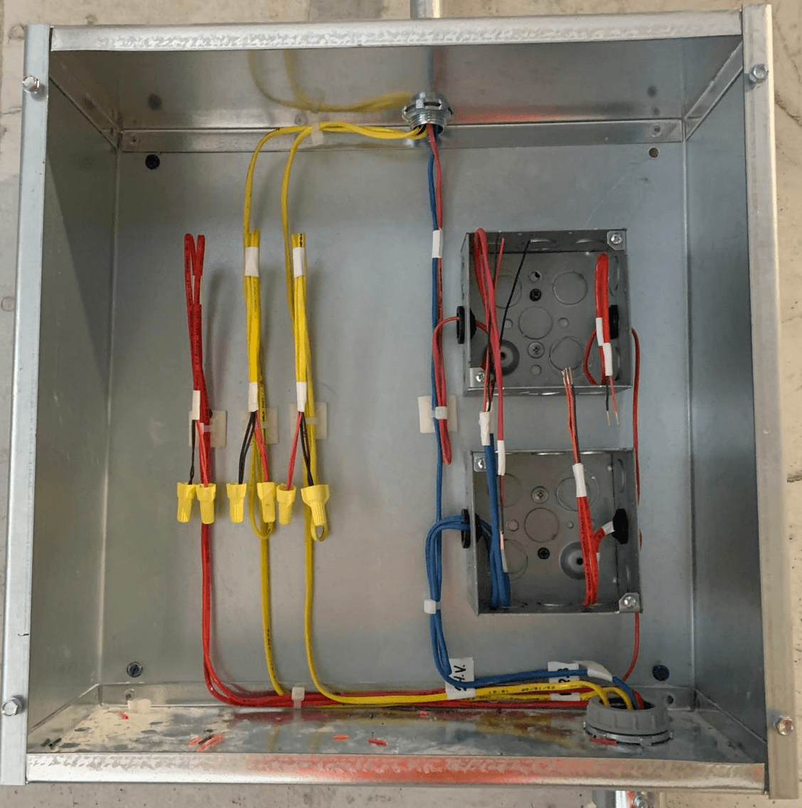 Junction box interior with color-coded conductors and connectors